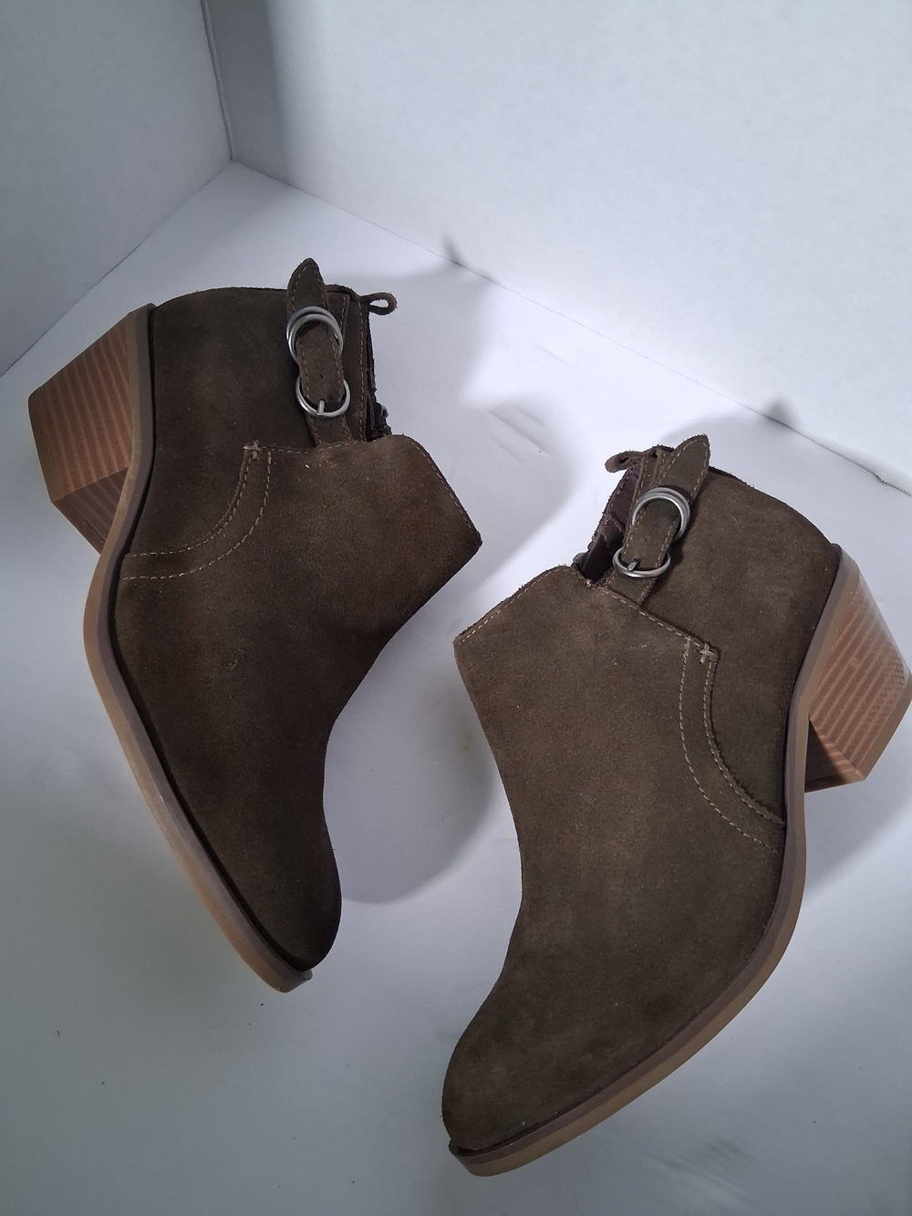 Women's Olive Suede Ankle Booties with Buckle Accent